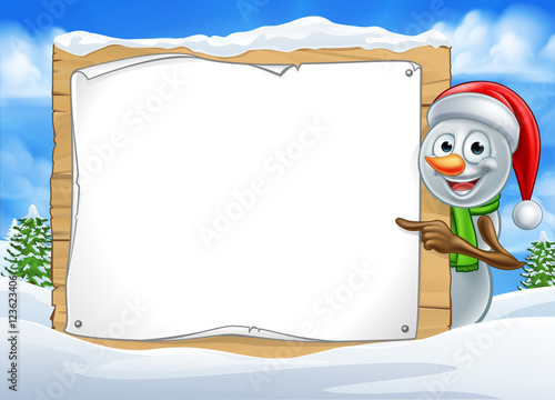Cartoon Snowman Santa Hat Sign Scene
