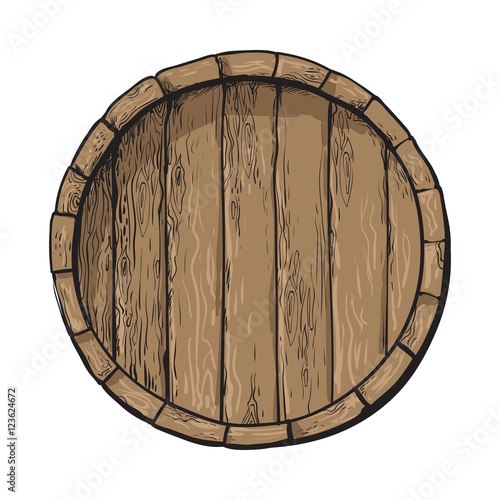Top view of wooden barrel, sketch style vector illustrations isolated on white background. Wine, rum, beer classical wooden barrel, hand-drawn vector illustration, top view