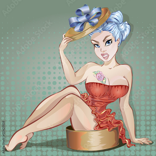 Pin up sexy woman with flower tattoo is sitting in gift box, vector illustration