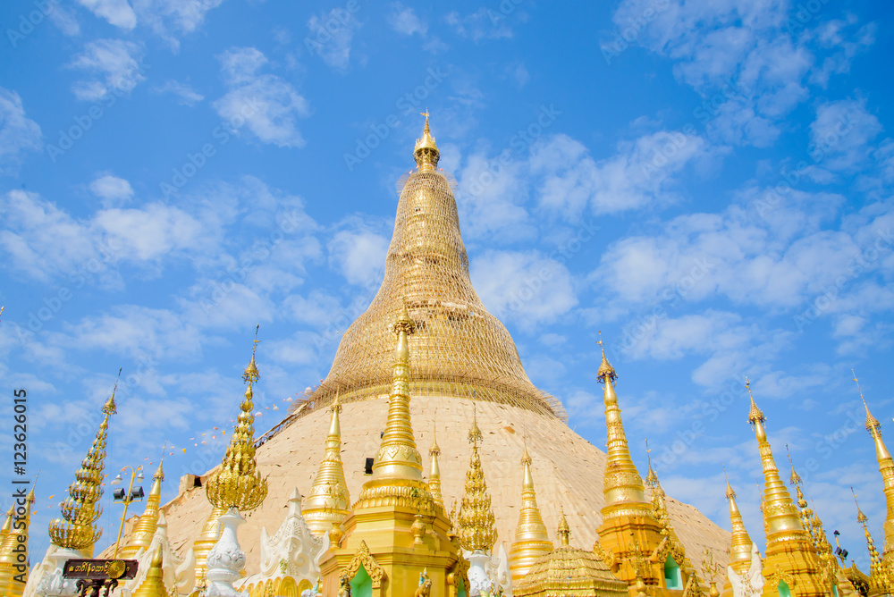 Myanmer famous sacred place and tourist attraction landmark - Shwedagon Paya pagoda. Yangon, Myanmar