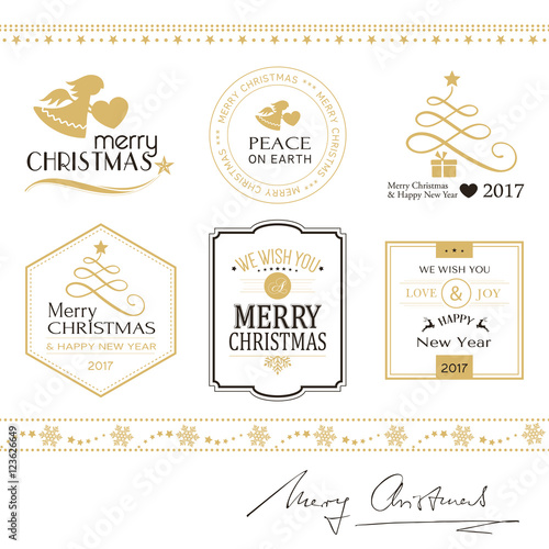 Merry Christmas icons, borders isolated on white in gold and bla