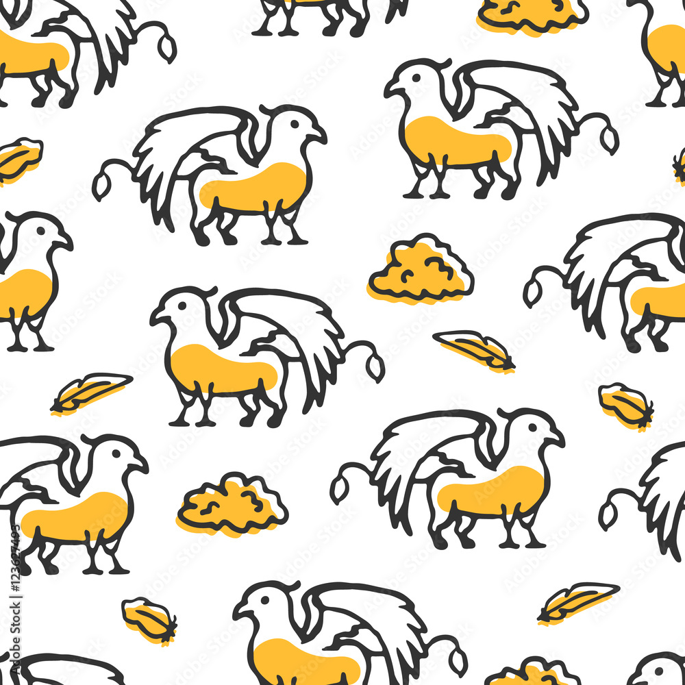 Seamless pattern with griffin and clouds. Cute little cartoon mythical beast. Yellow griffin with clouds and feathers Seamless pattern with griffin and clouds. Cute little cartoon mythical beast. Yellow griffin with clouds and feathers