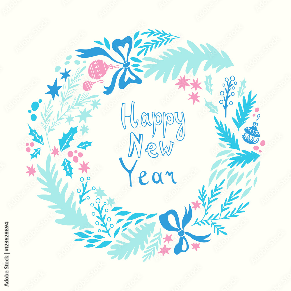 Happy New Year card. Hand drawn illustration with Christmas wreath. Vector background with floral elements. Doodle style Happy New Year card. Hand drawn illustration with Christmas wreath. Vector background with floral elements. Doodle style