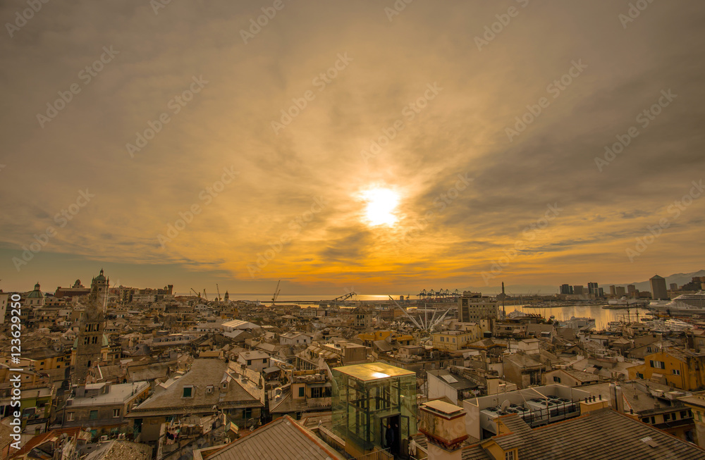 Obraz premium Soft focus vintage style. Aerial view of the city of Genoa, Italy, at sunset/ city / sunset/ panorama/ viewpoint/ landscape