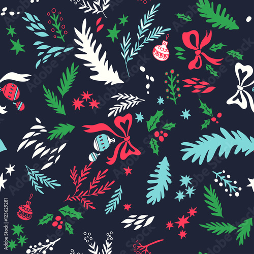 Happy New Year texture. Vector seamless pattern with Christmas symbols. Hand drawn illustration with floral elements and christmas balls. Doodle style