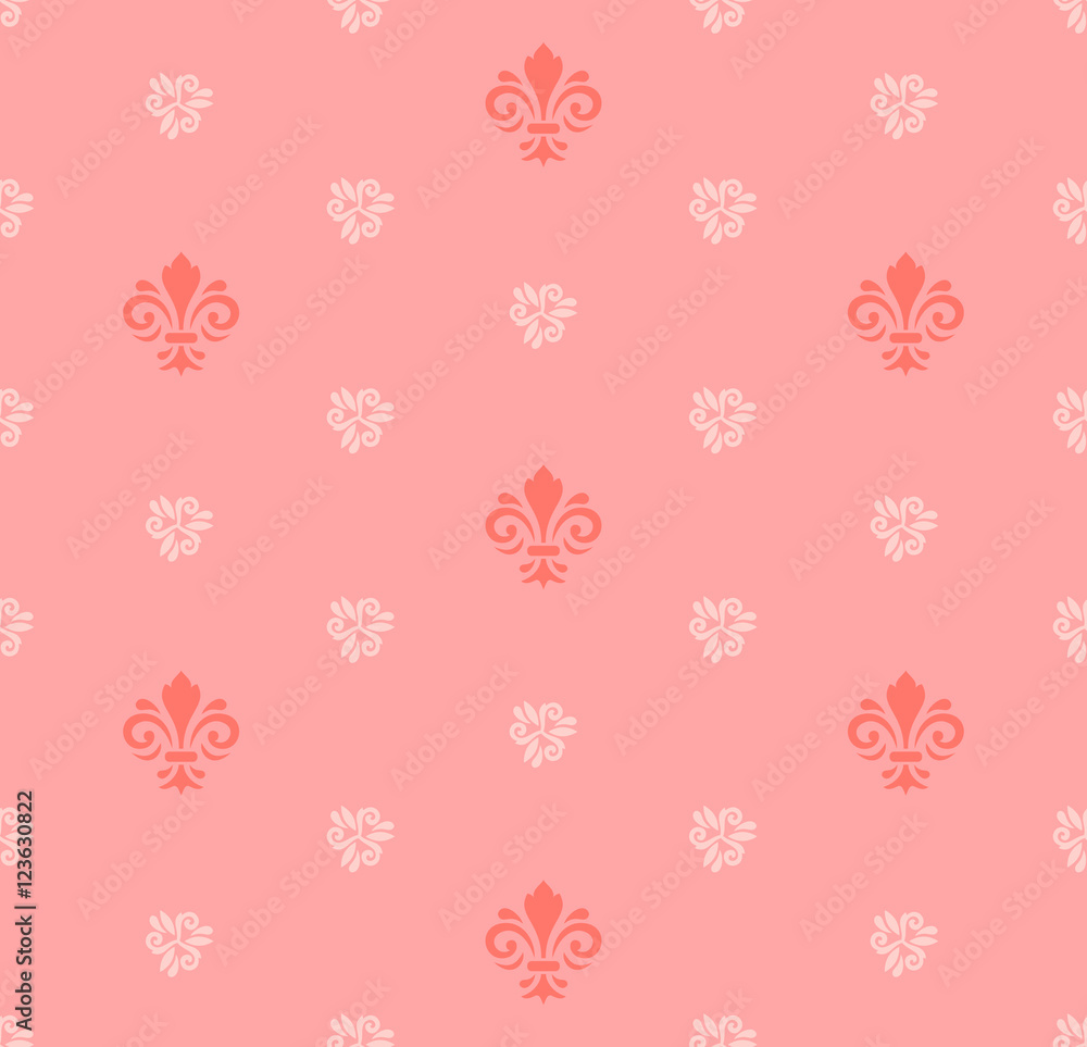 Seamless ornament. Modern geometric pattern with royal lilies. Red and pink pattern Seamless ornament. Modern geometric pattern with royal lilies. Red and pink pattern
