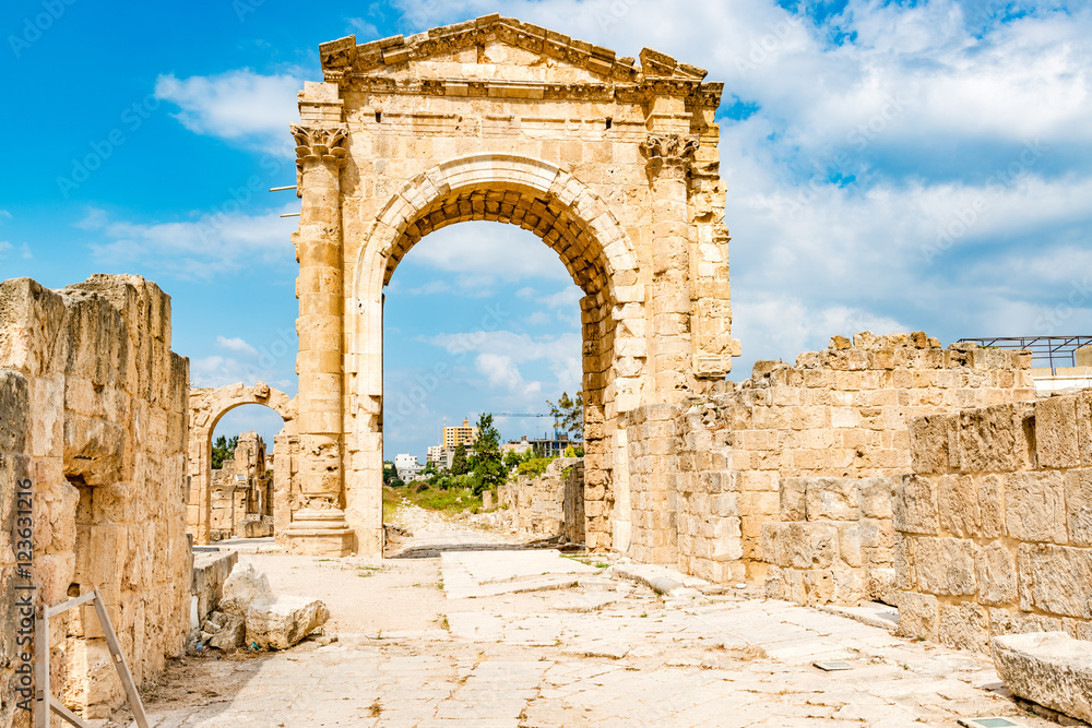 Triumphal Arch in Tyre, Lebanon. It is located about 80 km south of Beirut and has led to its designation as a UNESCO World Heritage Site in 1984.