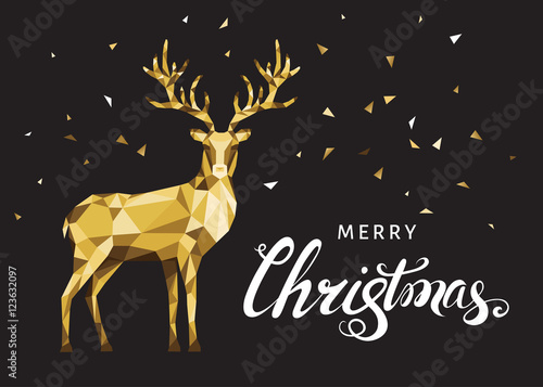 Christmas  greeting card with gold polygonal deer  on black back