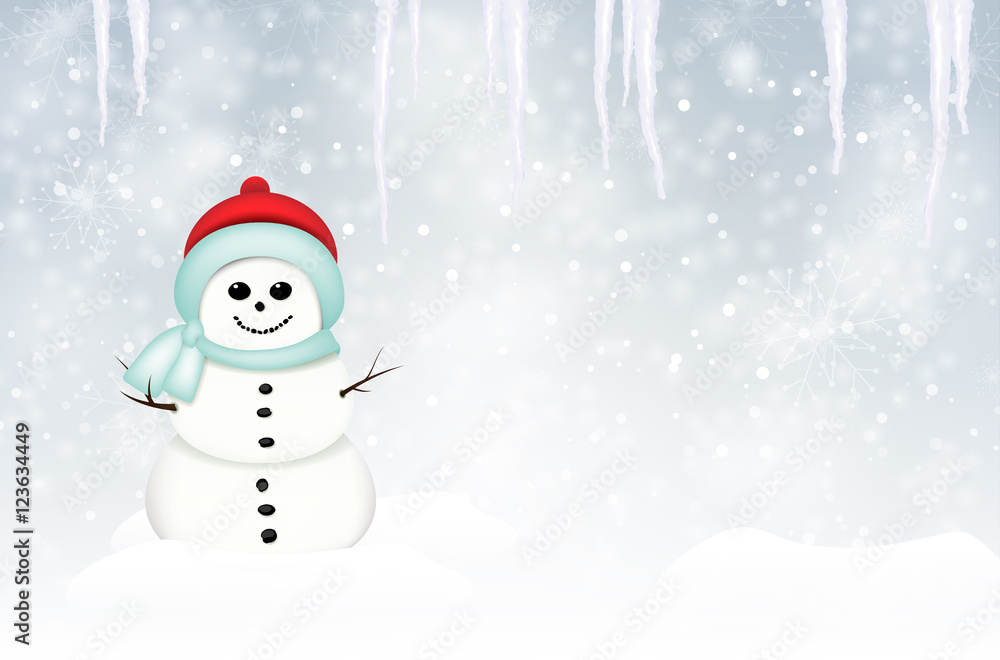Winter landscape with smiling snowman and icicles Winter landscape with smiling snowman and icicles