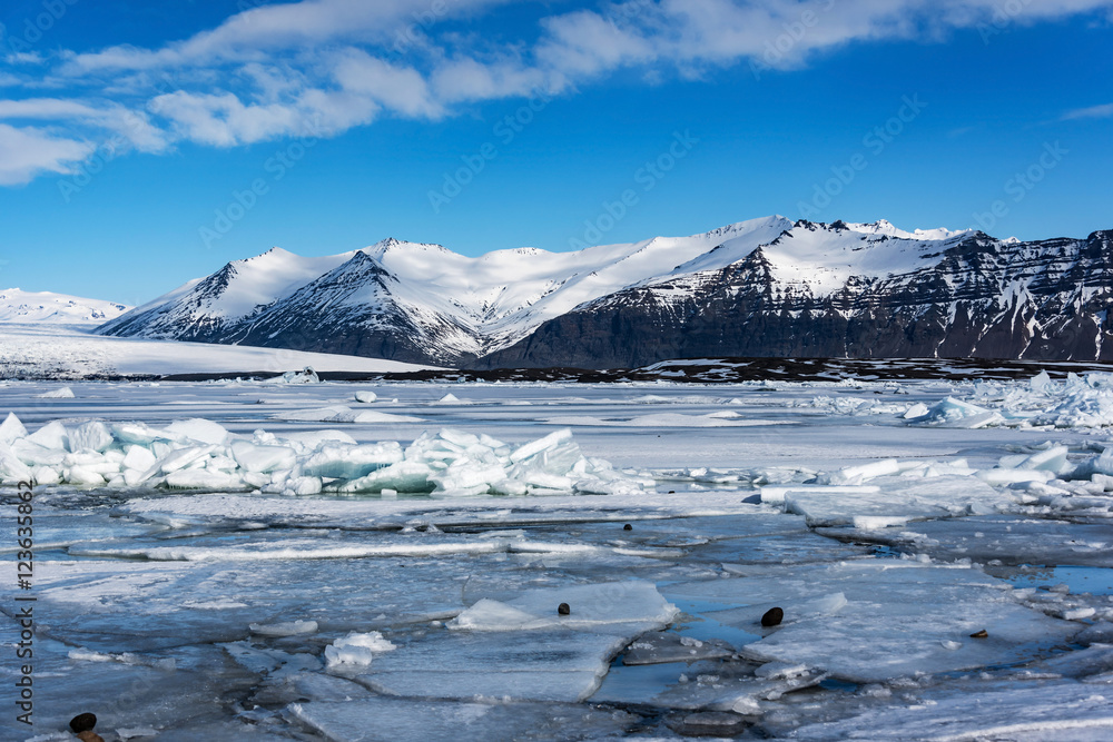 panoramic view of Jokulsarlon Glacier Lagoon at wintertime, iceland