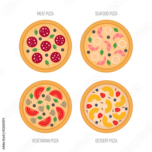 Pizza icon set. Meat, seafood, vegetarian, desert pizza. Flat style