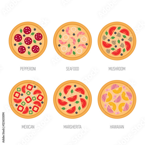 Pizza icon set. Pepperoni, mushroom, seafood, mexican, margherita, hawaiian pizza. Flat style vector illustration.