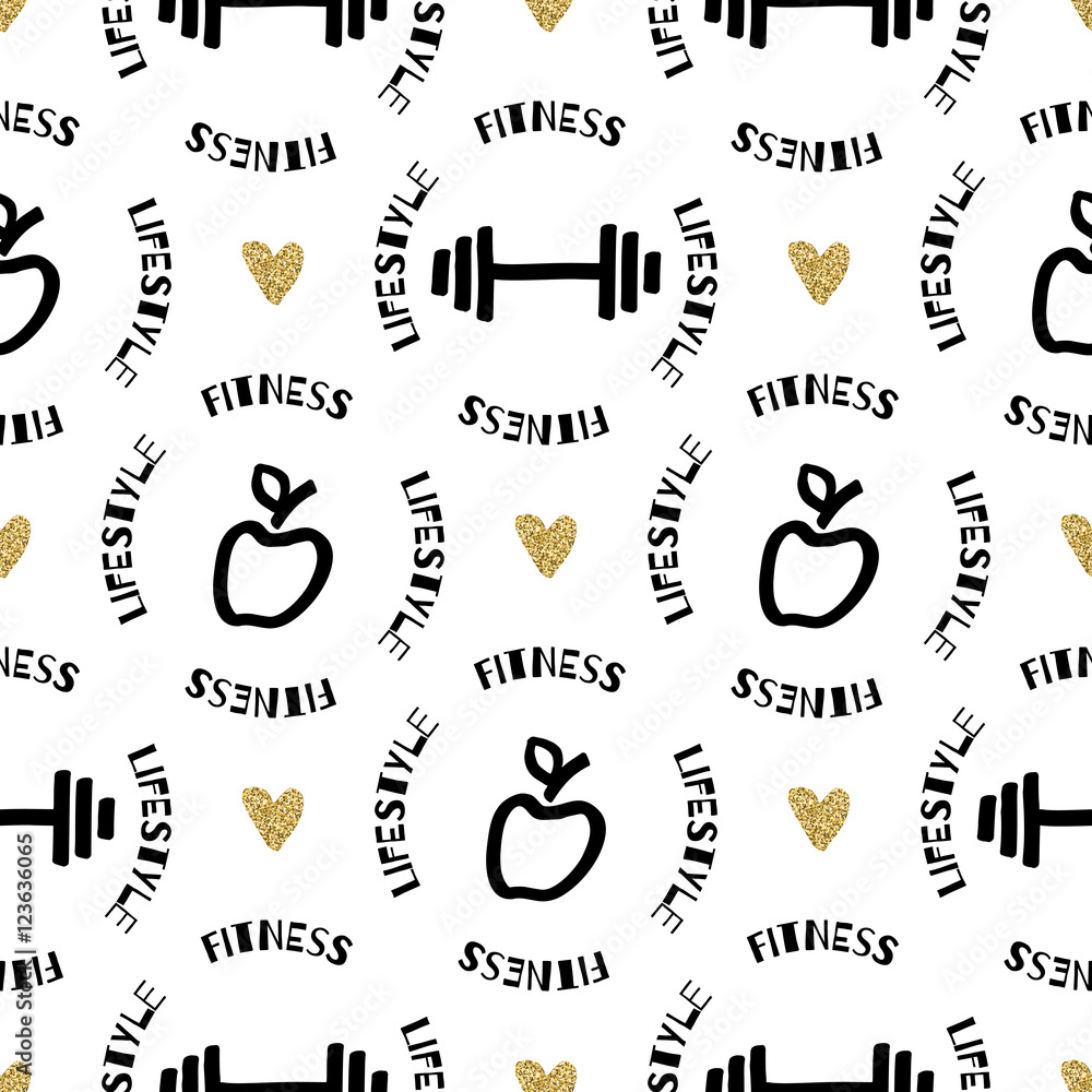Sports seamless pattern. Creative concept of fitness and a healthy lifestyle. Sketch of apple and athletic barbell hand-drawn black marker, gold hearts. Ultra modern artistic style, Vector artwork