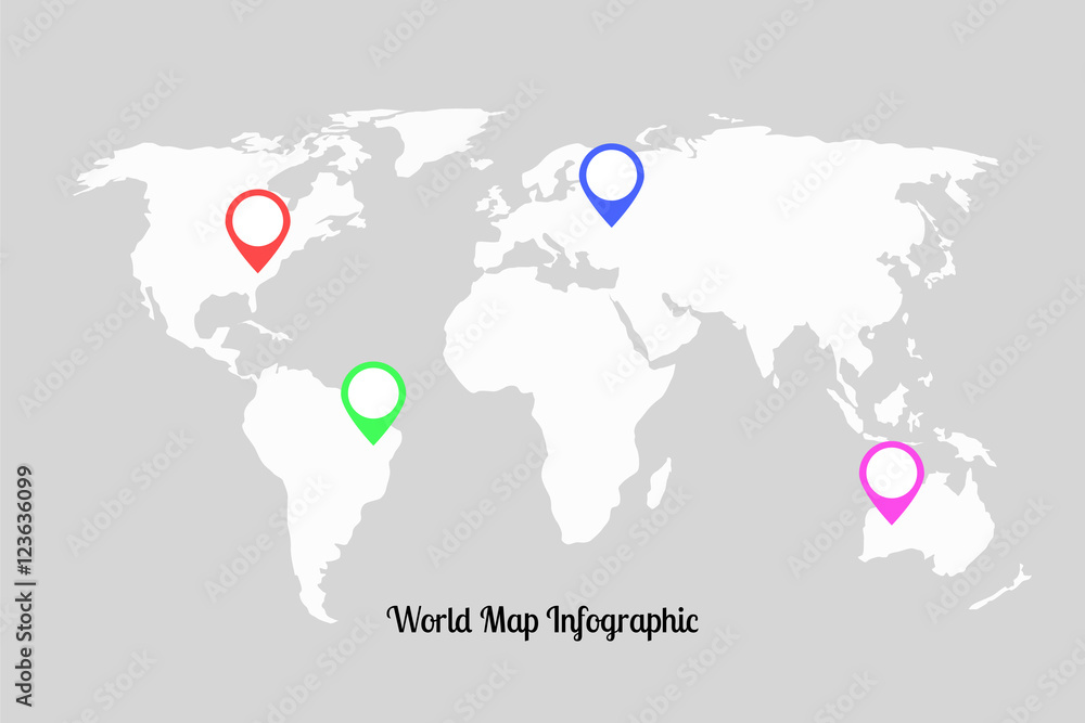 World map infographic with map pointers. Vector illustration World map infographic with map pointers. Vector illustration