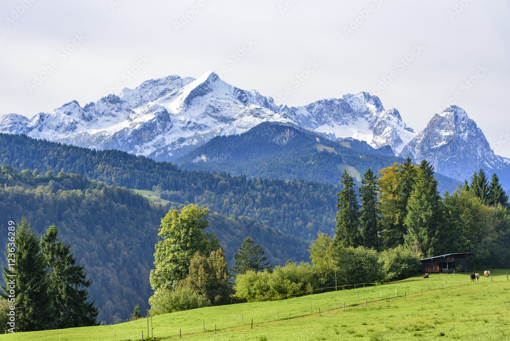 Blick auf die frisch verschneiten Gipfel von Zugspitze, Alpspitze und Waxenstein