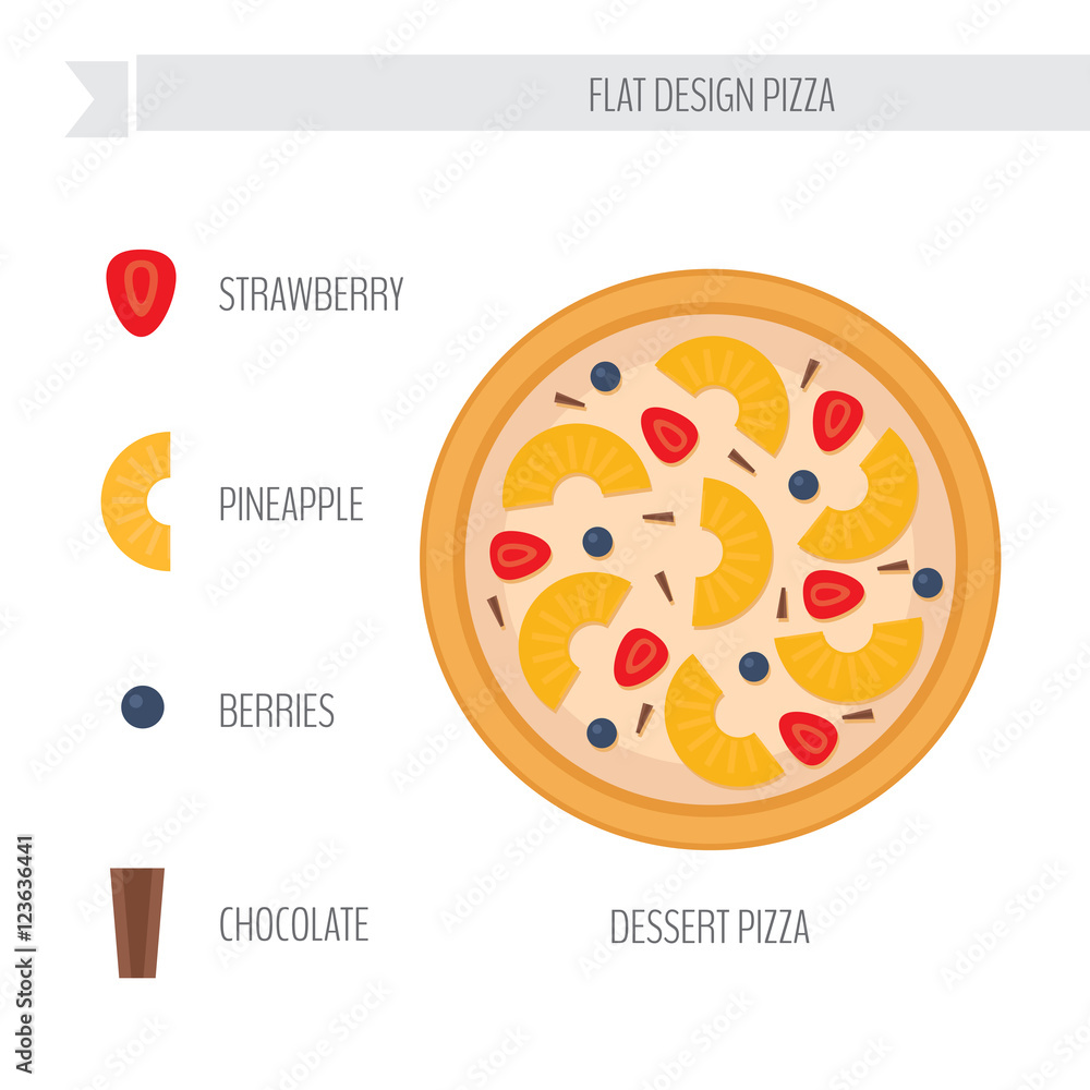 Dessert pizza with ingredients. Flat style vector illustration. Dessert pizza with ingredients. Flat style vector illustration.