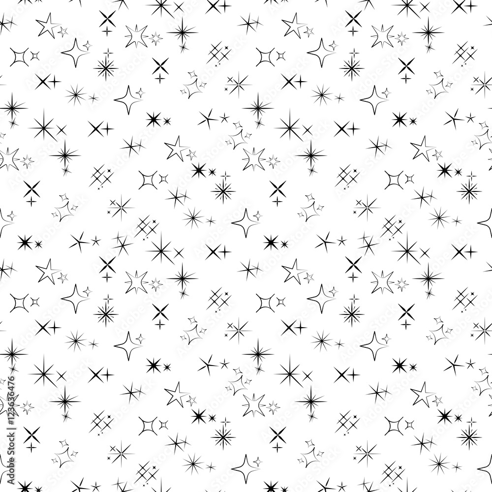Seamless pattern with sparkles black silhouettes. Vector illustration