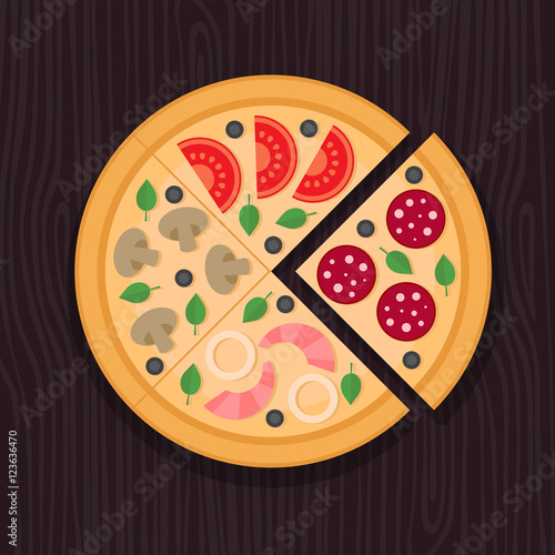 Pizza slice. Pepperoni, mushroom, seafood, vegetarian. Flat style.