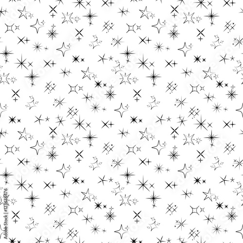 Seamless pattern with sparkles black silhouettes. Vector illustration