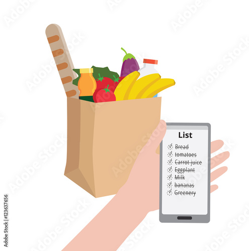 Man is holding a phone with a shopping list. Supermarket eco kra