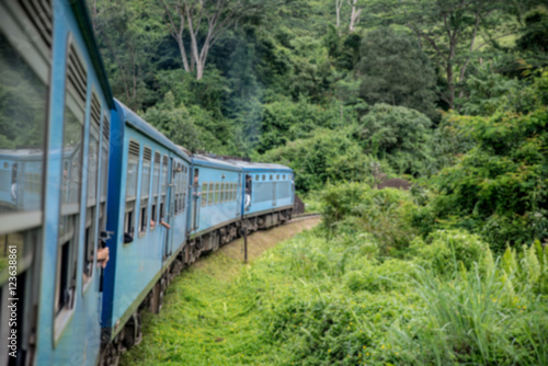 Blured train among tea plantations in the highlands of Sri Lank