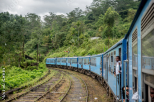 Blured train among tea plantations in the highlands of Sri Lanka