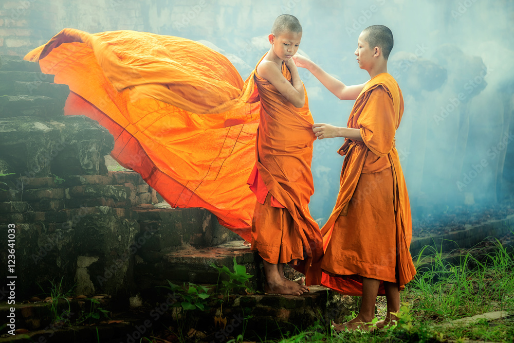 Fototapeta premium Novices at Ayutthaya Historical Park in Thailand