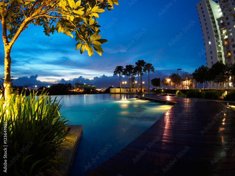 Swimming pool blue sky sunset at Butterworth, Penang, Malaysia 