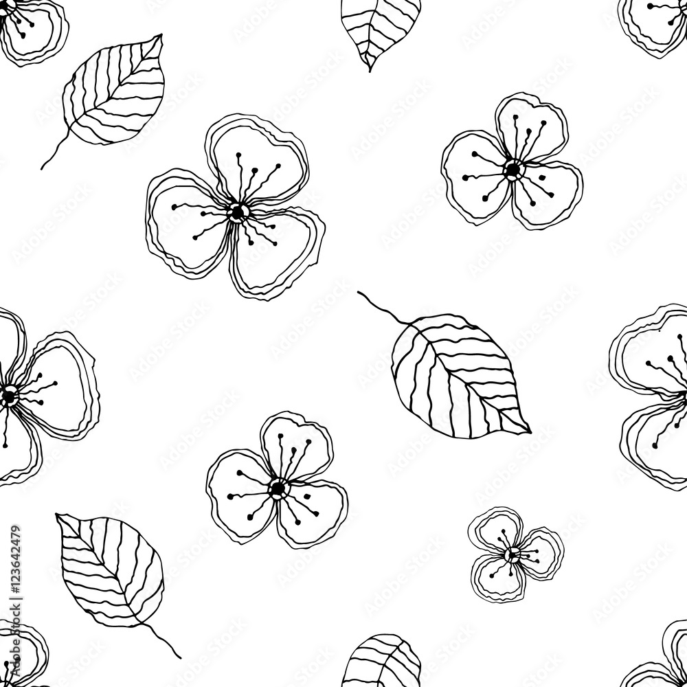Seamless vector floral pattern. Black and white hand drawn background ...
