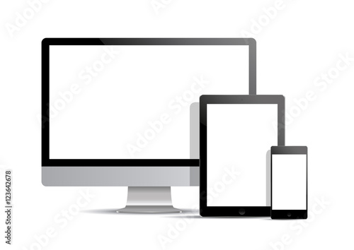 Set of realistic computer monitor, computer and laptop. photo