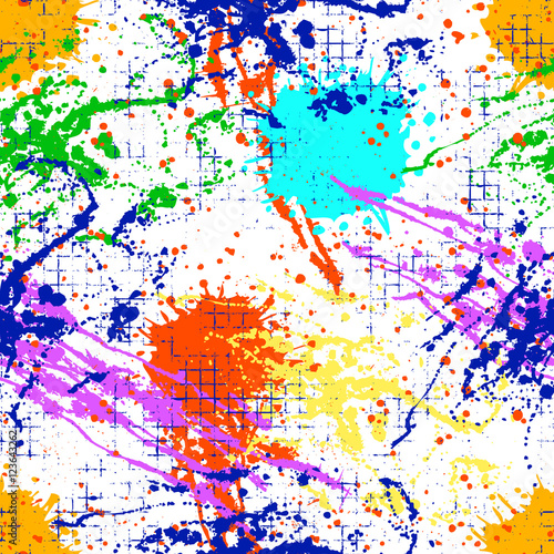 Vector seamless pattern with ink blots and brush strokes. Colorful creative artistic background in rainbow colors. Series of Drawn Creative Seamless Patterns and vector  Blots, Brush, Strokes.