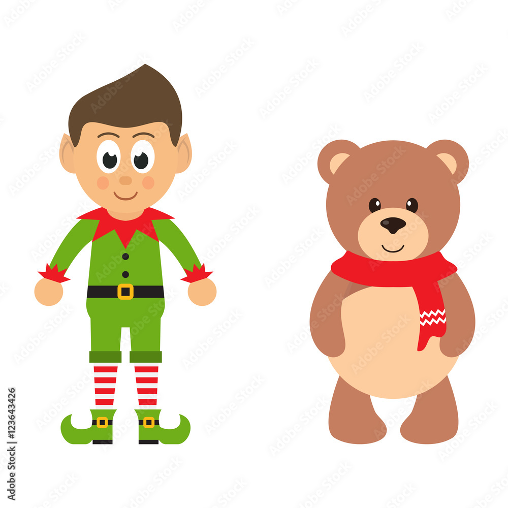 cartoon christmas elf and winter bear on a white background cartoon christmas elf and winter bear on a white background