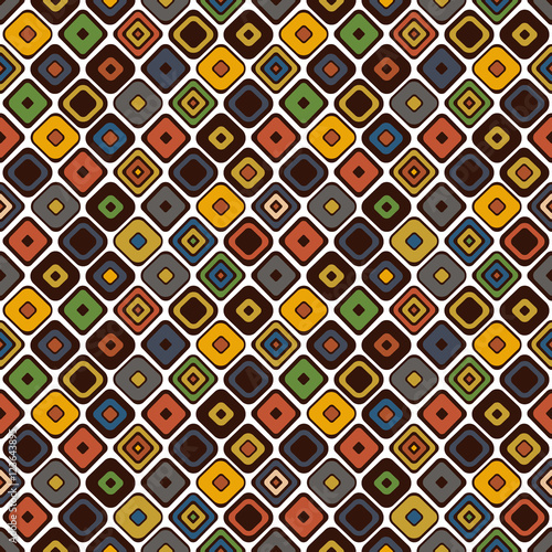 Seamless vector geometrical pattern. Endless brown background with hand drawn ornamental squares rhombus. Graphic vector vintage illustration with ethnic motifs. Template for cover, fabric, wrapping.