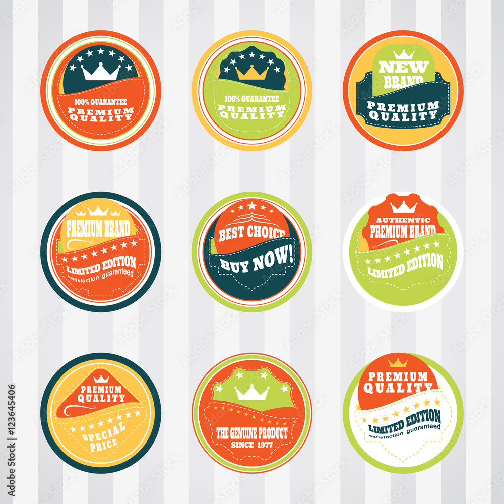 Vintage labels for commerce and premium trade with stitching vector set in pockets.