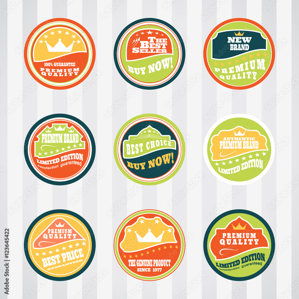 Vintage labels for commerce and premium trade vector set on the circles. Retro badges vector set for internet commerce. Vector set of labels for promotion premium goods.