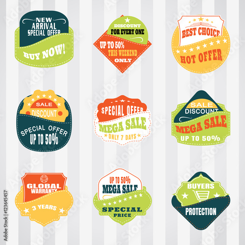 Vintage labels set for commerce and premium trade with stitching in pockets. Retro badges vector set for internet commerce with stitching in pockets.