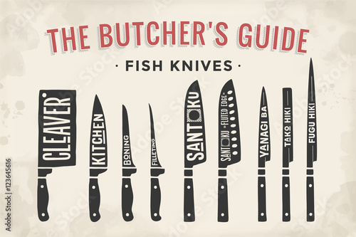 Fish cutting knives set. Poster Butcher diagram and scheme - Fish Knives. Set of butcher fish knives for butcher shop and design butcher themes. Vintage typographic hand-drawn. Vector illustration