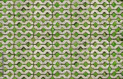concrete walkway and green grass in the holes