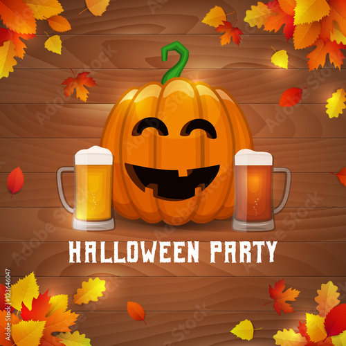 Halloween pumpkin beer party. Vector drunk pumpkin with two mugs of craft beer on fallen leaves background