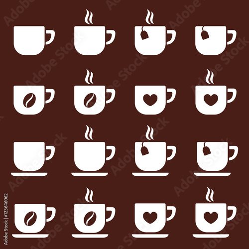 cup of coffee tea hot drink brown vector white icons set on brow © valeriyakozoriz