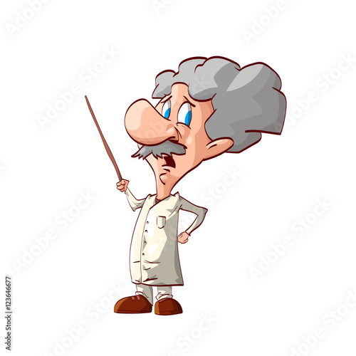 Colorful vector illustration of a cartoon scientist showing with a pointer.