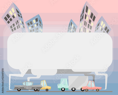 Flat vector of cars emitig smoke in big city. Environmental poll