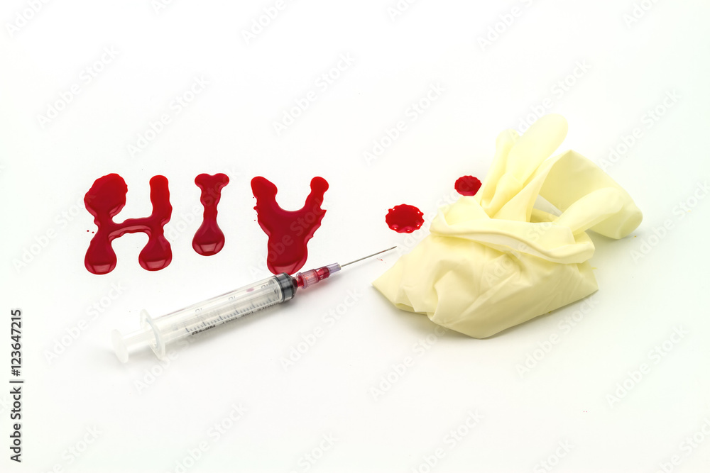 Blood in syringe and glove hand on A word HIV backgrounds Blood in syringe and glove hand on A word HIV backgrounds