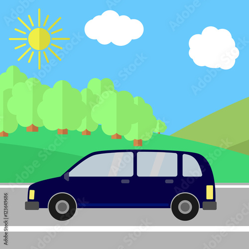 Fototapeta Naklejka Na Ścianę i Meble -  Dark Blue Sport Utility Vehicle on a Road on a Sunny Day. Summer Travel Illustration. 
