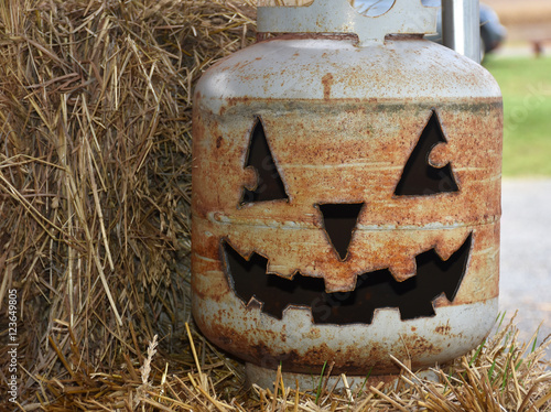 Propane tank cut out like a Jack-O-Lantern