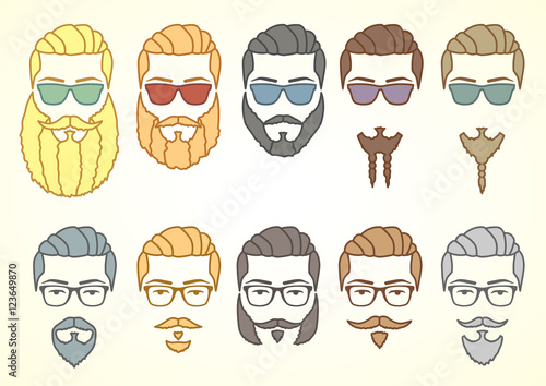 Vector illustration. Set of hipster face with mustaches and curly beards. Design elements for your stickers, card, posters, emblems, web design. Colored doodle