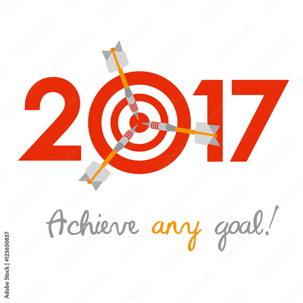 New Year 2017 business concept. Target with three darts instead of zero - symbol of success, achievements. Slogan 'Achieve any goal!' at the bottom. New Year 2017 business concept. Target with three darts instead of zero - symbol of success, achievements. Slogan 'Achieve any goal!' at the bottom.