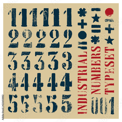 Industrial stencil grunge numbers. At least five alternatives per glyph
