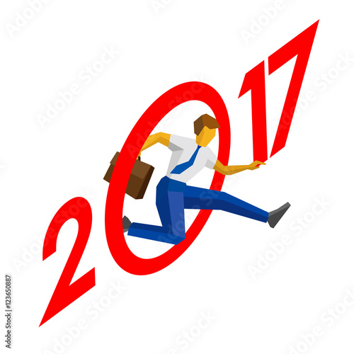 Businessman with case jump throw zero in number 2017. Man crosses the line. New year concept for greeting card, poster or annual report. Flat vector clip art, isolated on white background.