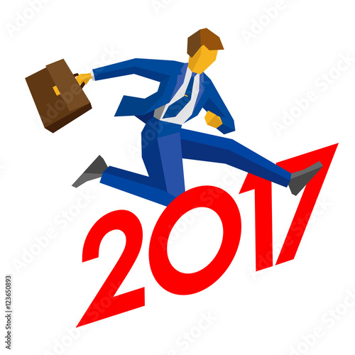 Businessman with case jump over number 2017. Man crosses the borderline. New year concept for greeting card, poster or annual report. Flat vector clip art, isolated on white background.